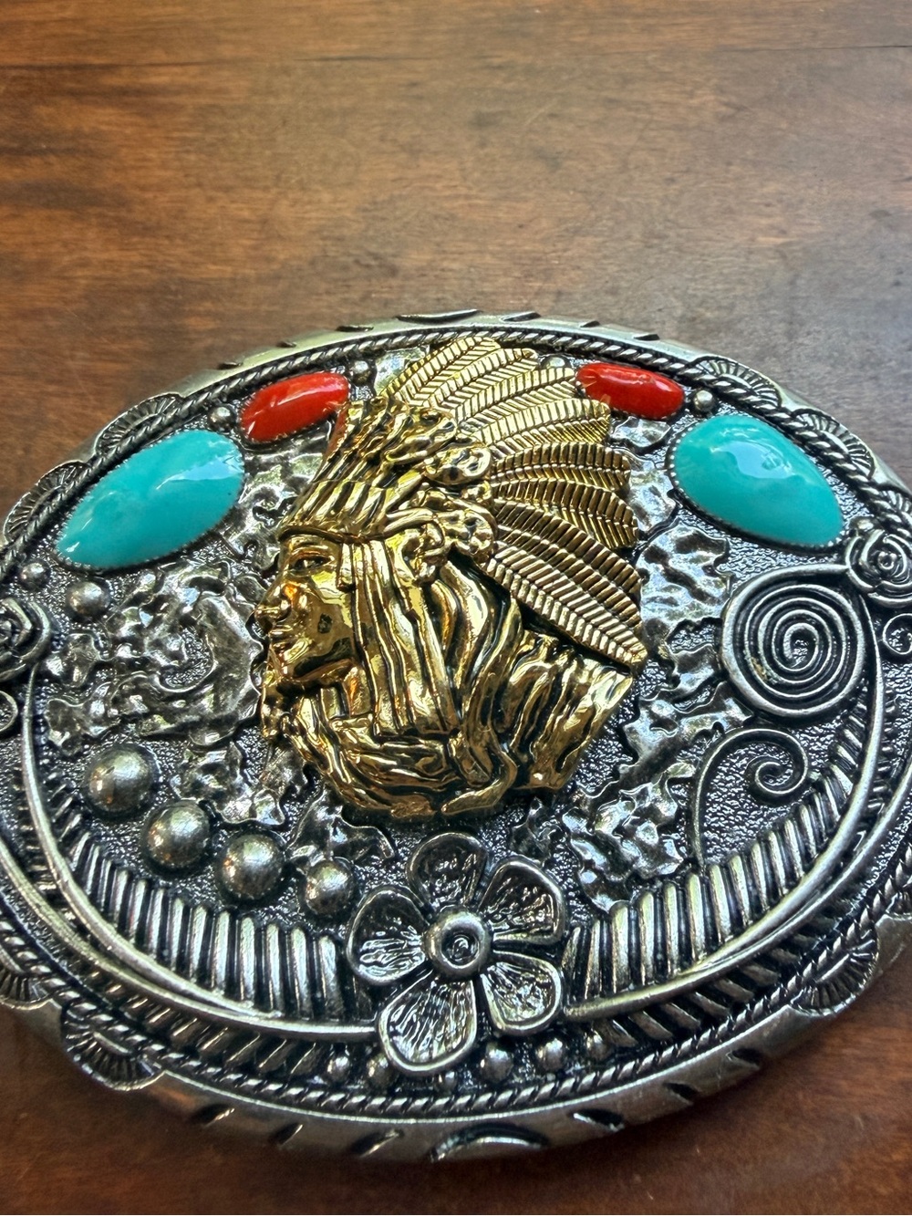 Western Native Chief Belt Buckle with Turquoise & Coral Accents